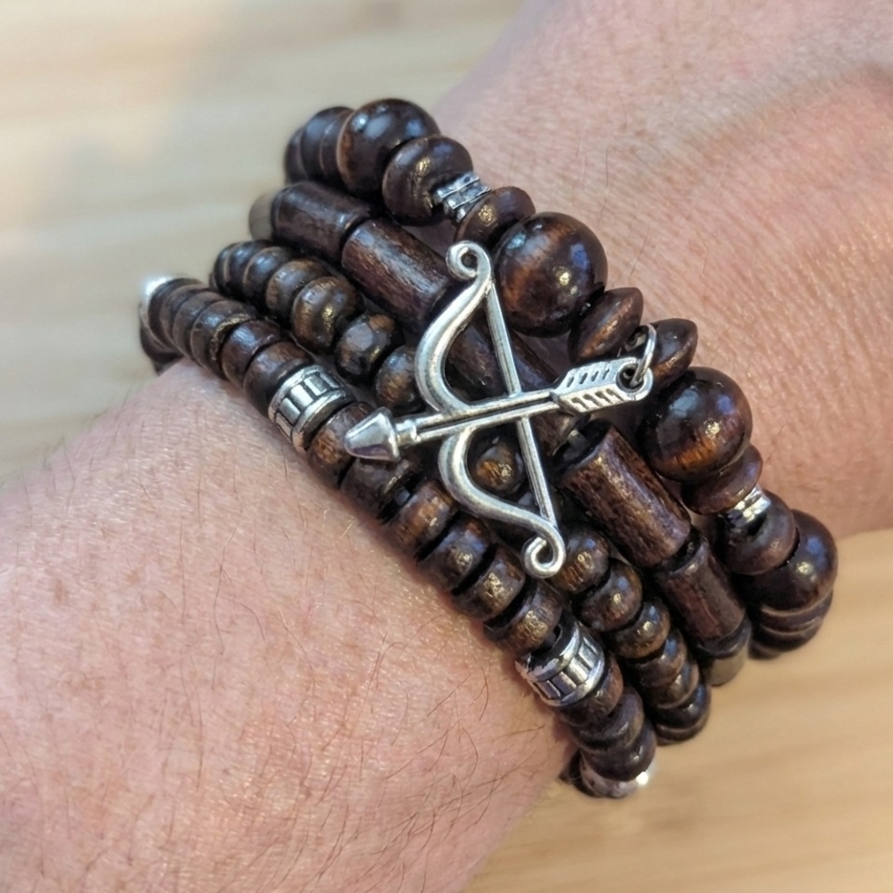Wooden Beaded Bracelet with Silver Arrow Charm